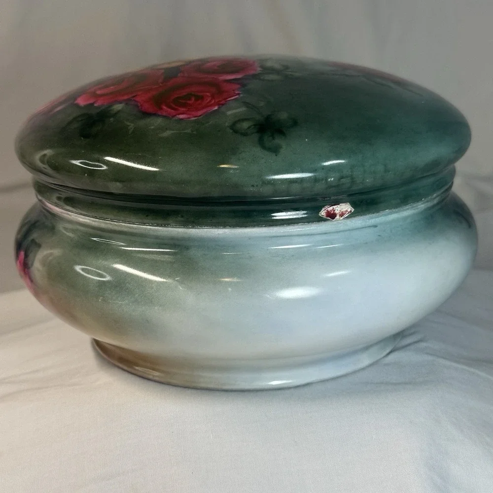 Antique‎ Victorian Hand Painted Cabbage Rose Dresser Jar Signed M Grose 7.5